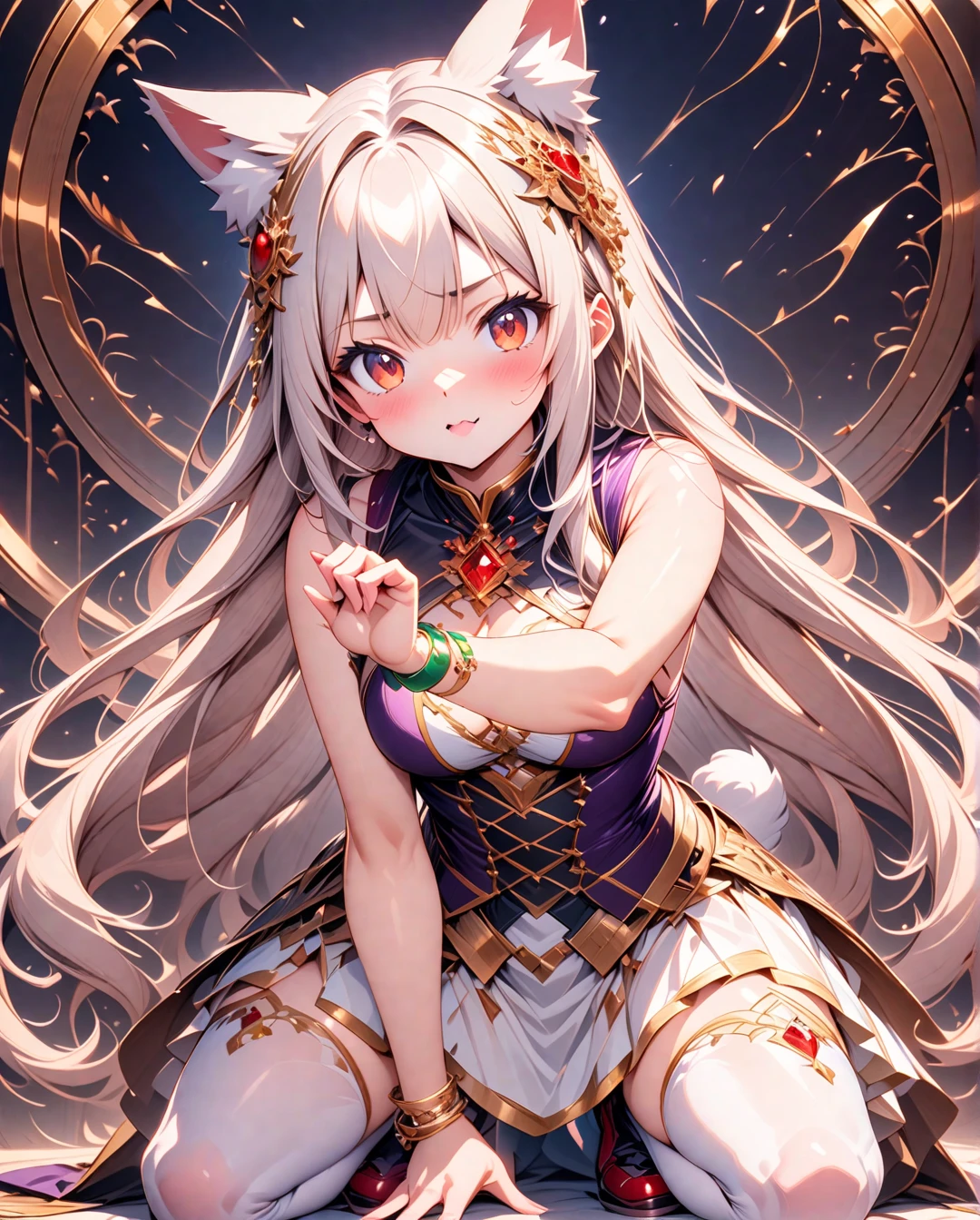 Silver hair, pink eyes, woman, sun and clouds background, pink and gold clothes, hair bows, happy face, queen outfit, sexy, cat ears, floating butterflies, thigh up, thigh high tights