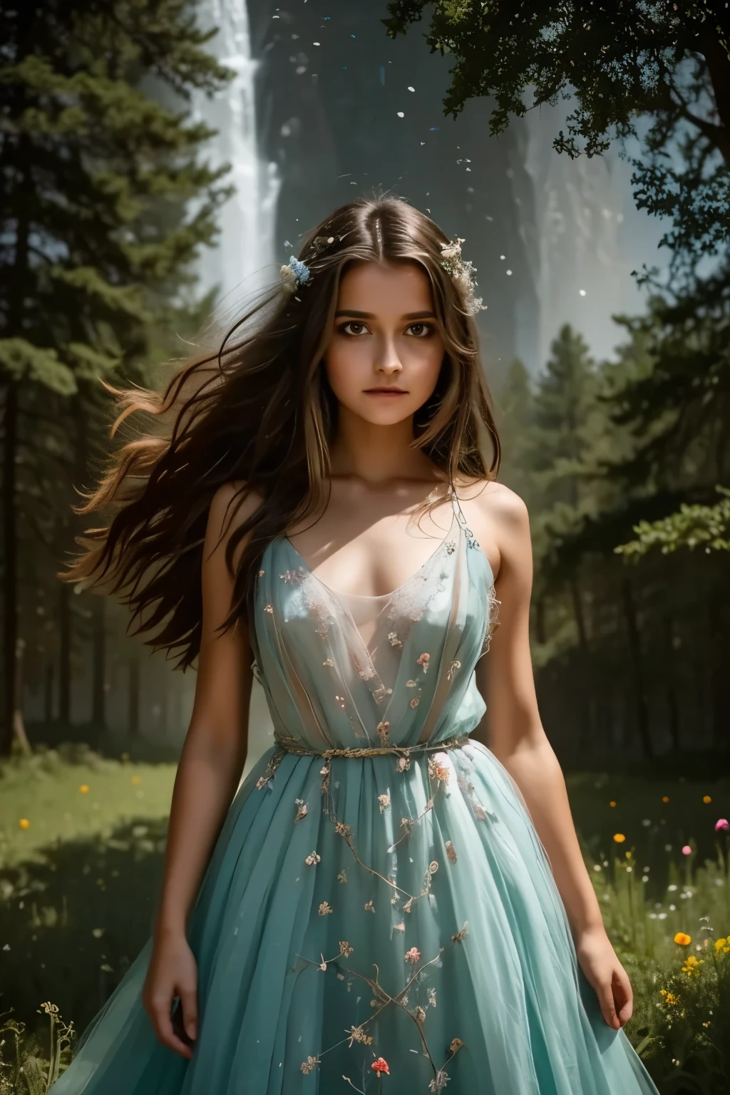 A dreamy landscape unfolds: a solitary girl with flowing hair and ethereal gown, set against a kaleidoscope of wildflowers and towering trees, bathed in soft moonlight that casts an otherworldly glow on her tranquil face. In the distance, stars twinkle like diamonds scattered across the celestial canvas, while the forest's ancient magic whispers secrets to the wind.