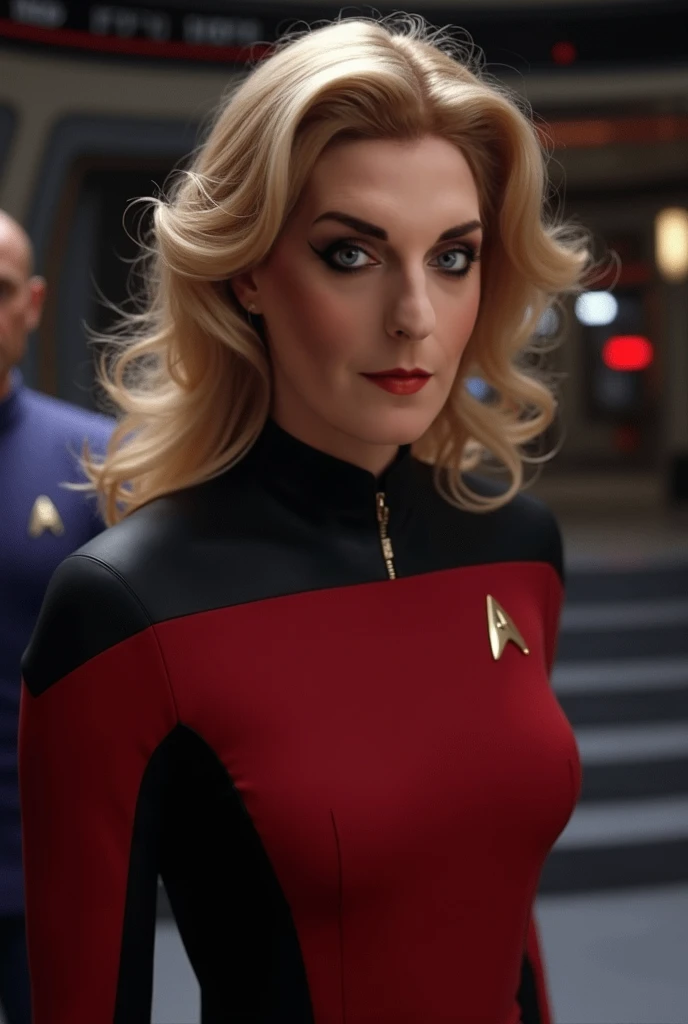 alienigena extraterrestre (parecida a siete de nueve de star trek), rubia trenzada, con ojos grandes, traje ultratecnologico, bellisima, se encuentra en el angar de la nave, con toda la maquinaria de prospeccion mineral y naves de reconocimiento. todo lleno de imaginacion, ciencia ficcion y (intrincados detalles de la maquina).imagen fotorrealista,nitidez maxima, calidad 8k. (obra maestra de calidad superior). (renderizado 3d).
