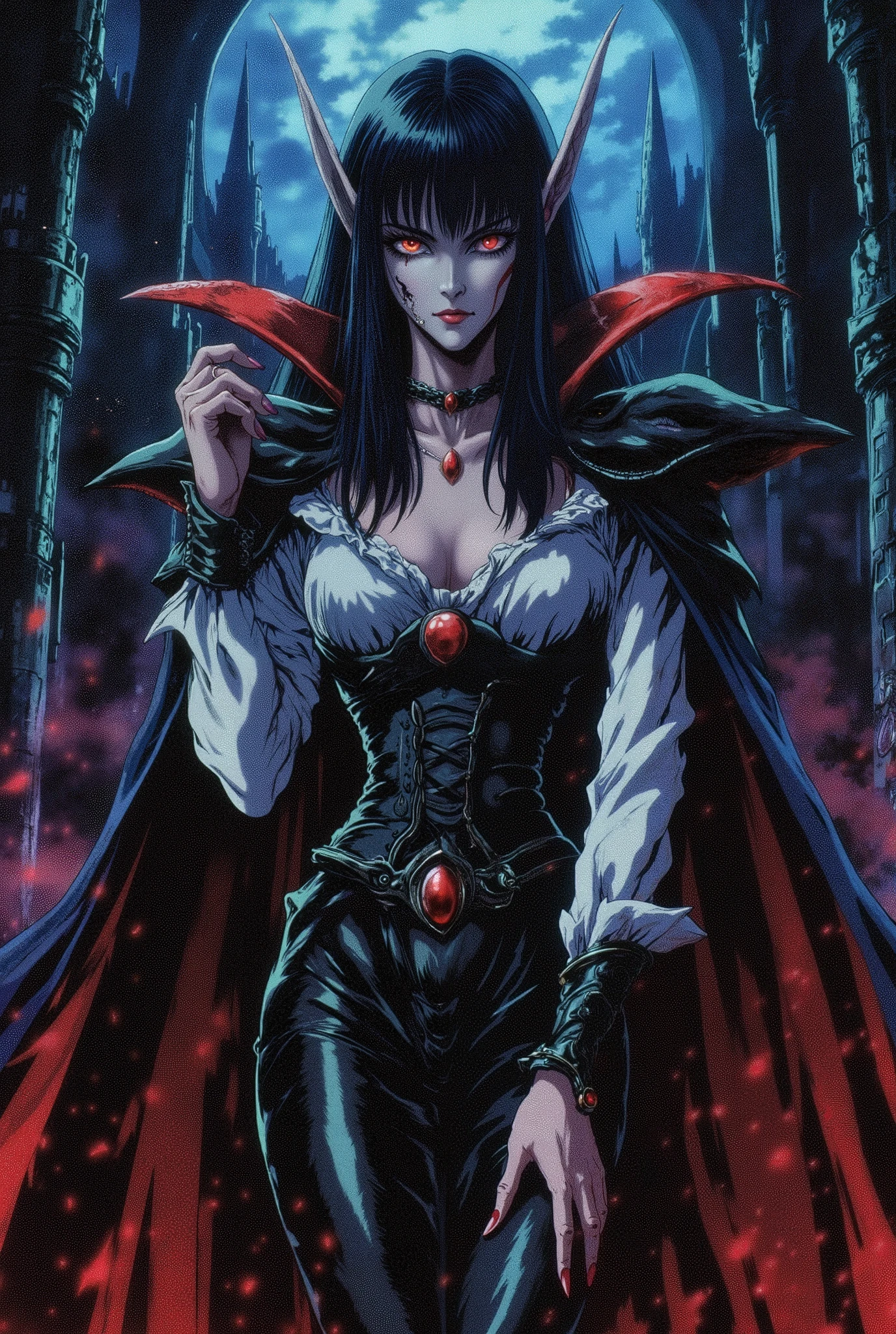 woman, fair skin, gothic makeup, vampire, red eyes, voluminous black hair, pointy ears, look of superiority, dark castle, countess, low-cut white blouse with details and ruffles, black leather corset, black leather cape, black leather boots, black leather pants.