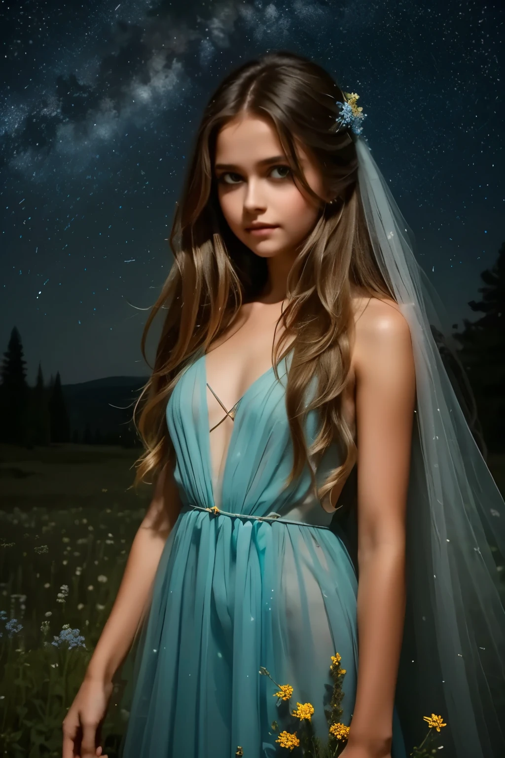 A dreamy landscape unfolds: a solitary girl with flowing hair and ethereal gown, set against a kaleidoscope of wildflowers and towering trees, bathed in soft moonlight that casts an otherworldly glow on her tranquil face. In the distance, stars twinkle like diamonds scattered across the celestial canvas, while the forest's ancient magic whispers secrets to the wind.