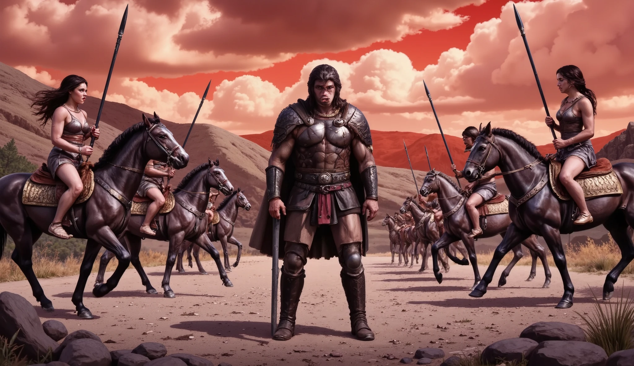 Hercules standing on the ground, surrounded by Amazon warriors on horseback wielding spears.