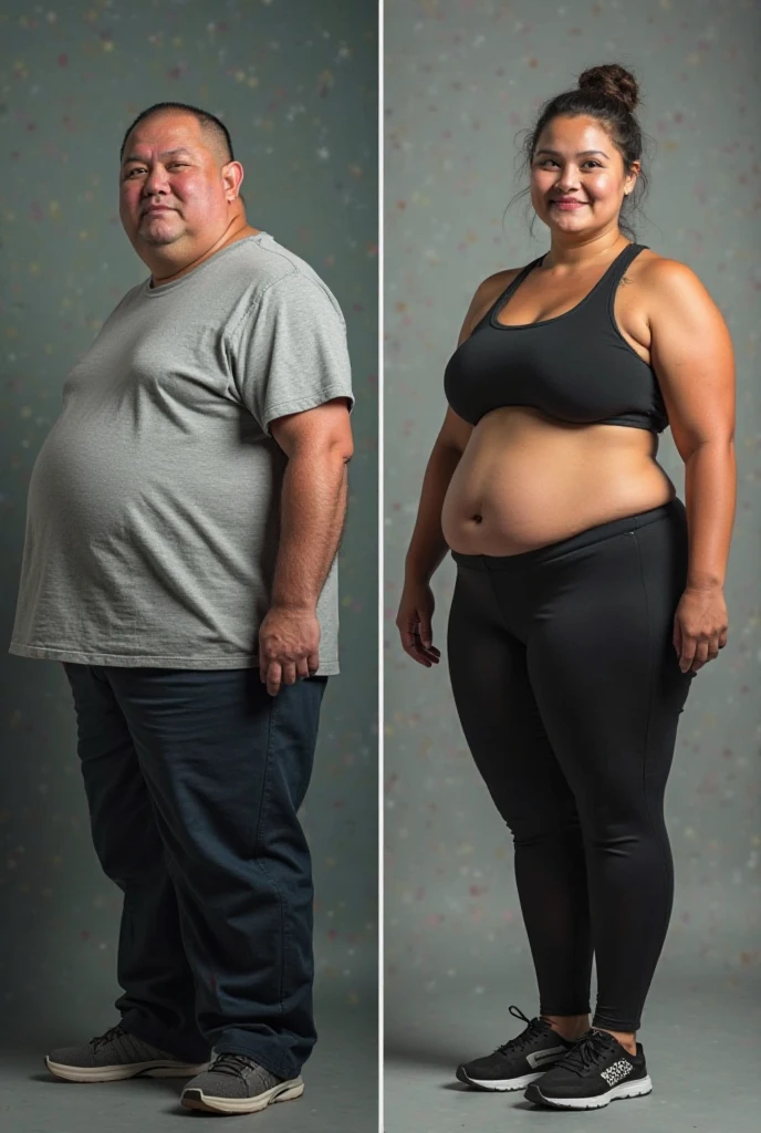 Side by side photo of a slightly overweight woman who is 182 cm tall and a muscular man who is 170 cm tall 