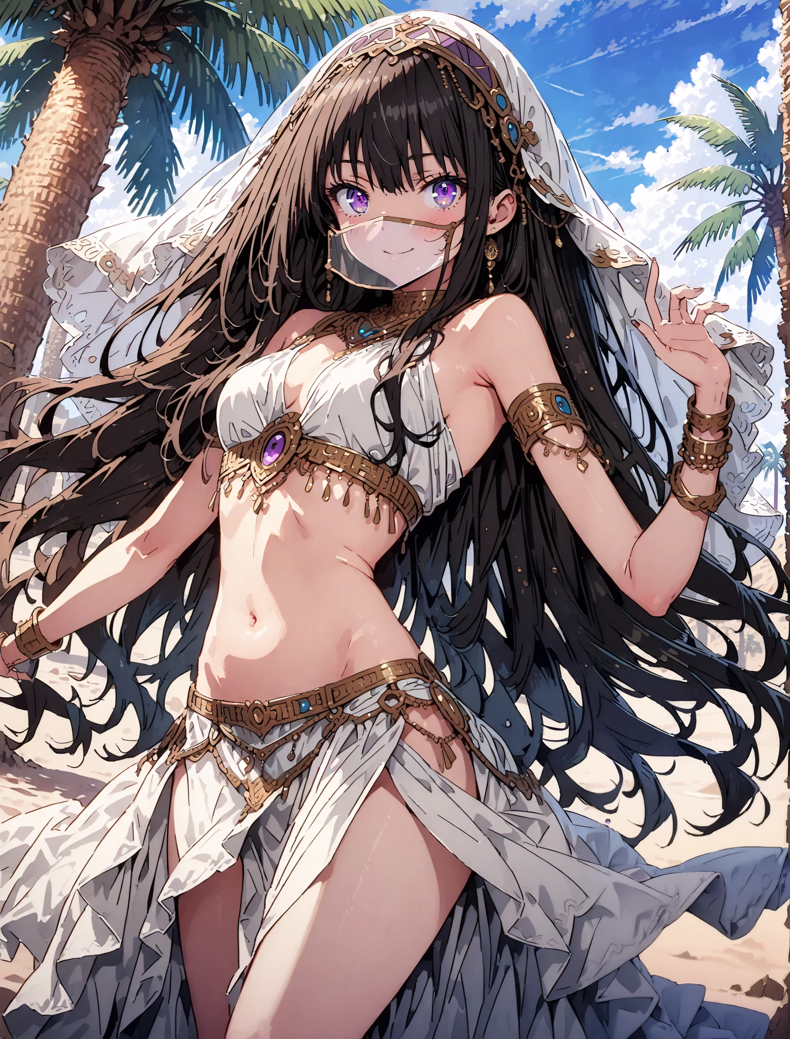 score_9, score_8_up, score_7_up, source_anime,
Takiuchikami, check it out, long hair, bungs, black hair, purple eyes,smile,blush,Arabian clothing, dancer , mouth Veil, belly Dancing, Veil, Armlet,is standing,Bare legs,palm tree, water, Dancing,full bodyがillustration for both eyesに入るように, break looking at viewer,full body,
break outdoors, desert, oasis,
break (masterpiece:1.2), top quality, High Resolution, Unity 8K Wallpaper , (illustration for both eyes:0.8), (beautiful detailed eyes:1.6), has a very detailed face, perfect lighting, extremely detailed CG, full body写真,(perfect hand, perfect anatomy),