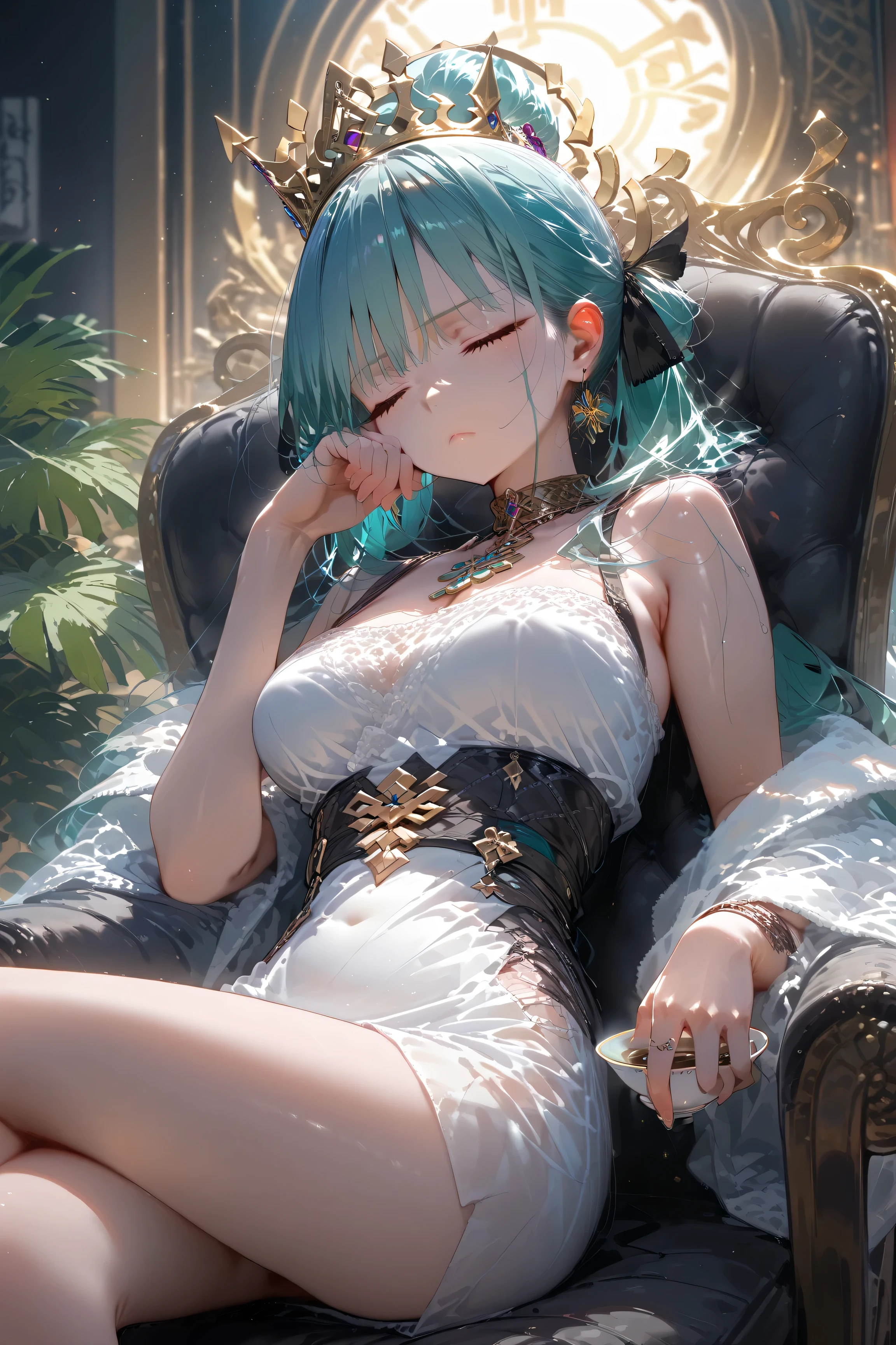 Anime girl sitting on a chair with a cup of coffee in her hand, alchemist girl, light novel cover illustration, official art, epic light novel cover, official artwork, epic light novel cover illustration, change, isekai, small curve change, crown of kushat, Kushat Kurenz female key art , Shadowverse style, sleepy,