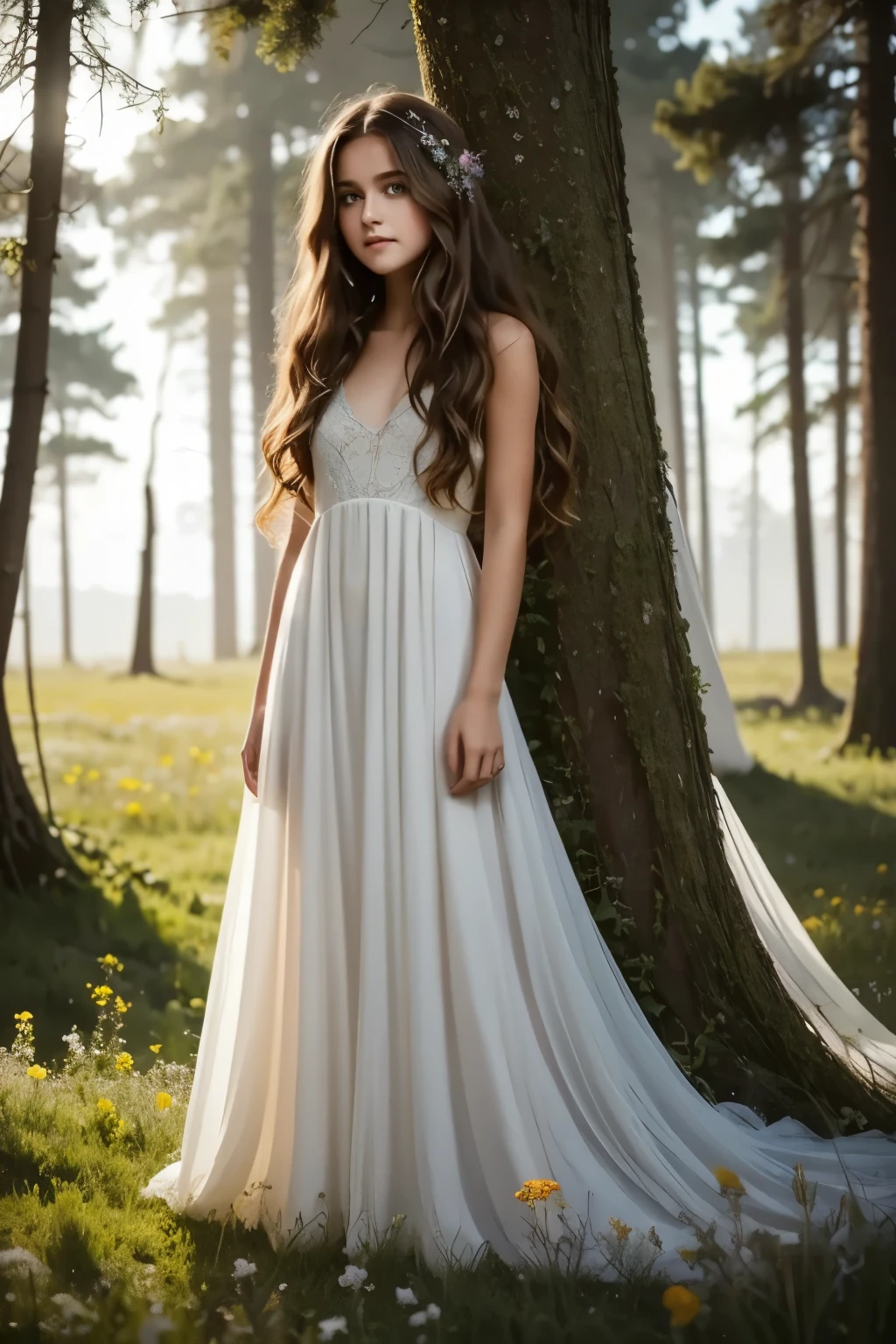 A dreamy landscape unfolds: a solitary girl with flowing hair and ethereal gown, set against a kaleidoscope of wildflowers and towering trees, bathed in soft moonlight that casts an otherworldly glow on her tranquil face. In the distance, stars twinkle like diamonds scattered across the celestial canvas, while the forest's ancient magic whispers secrets to the wind.