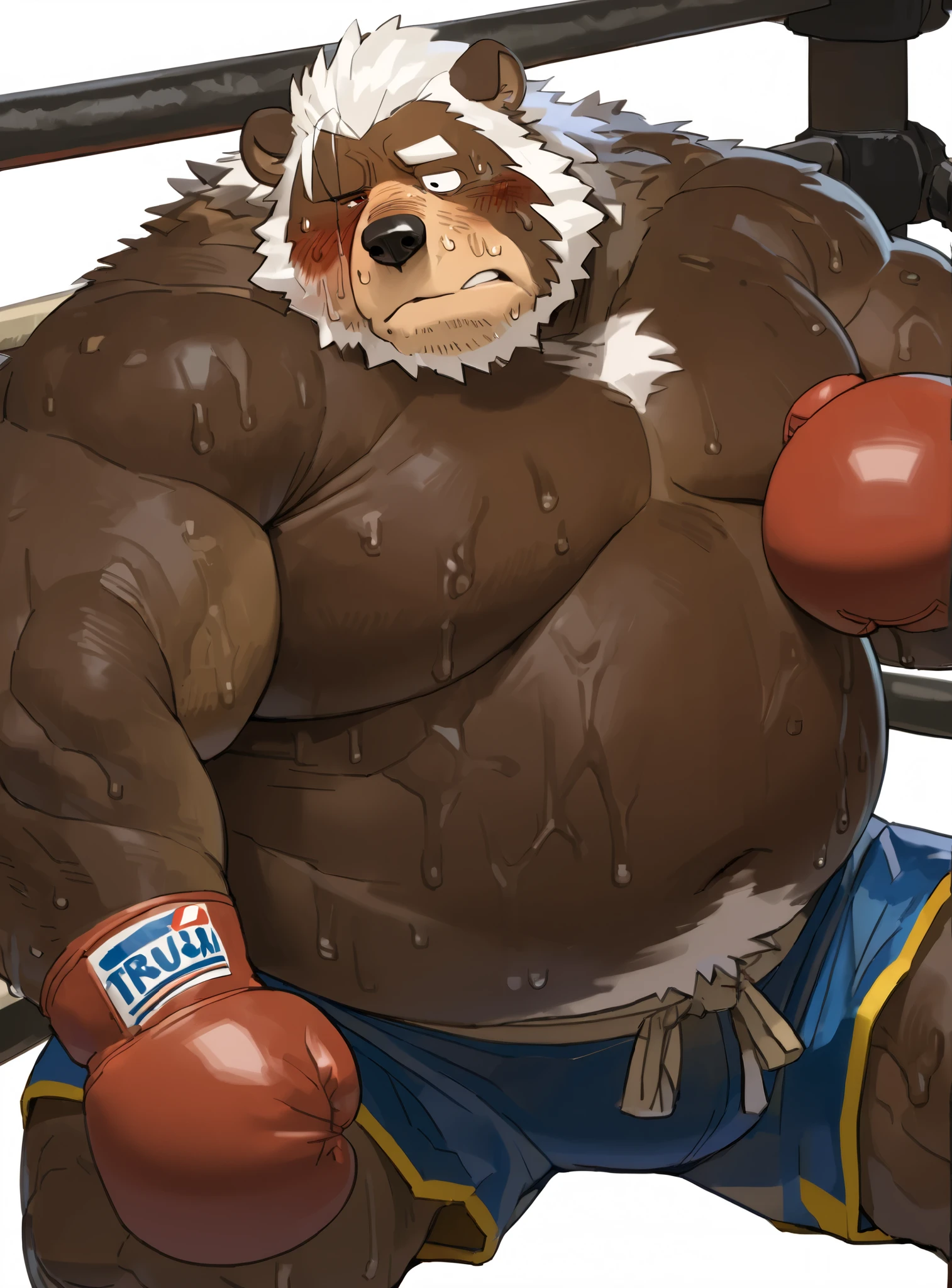 We don't_dragon, digital art , masterpiece, alone, 1 personの男の子, 1 person, portrait, (((elder,tired body,groggy、nosebleed、close one eye、Details eyes , tired look、 with a big opening))),bust up,huge muscular,big belly body, ((An old bear with white hair and swelling)), (((face_swollen face_ marks of being hit body_Sweating body_swollen body_ marks of being hit)))boxing gloves, Boxing Shorts, Figure leaning against a boxing ring rope,bust up photo, details , details big belly muscle,boxing ring background