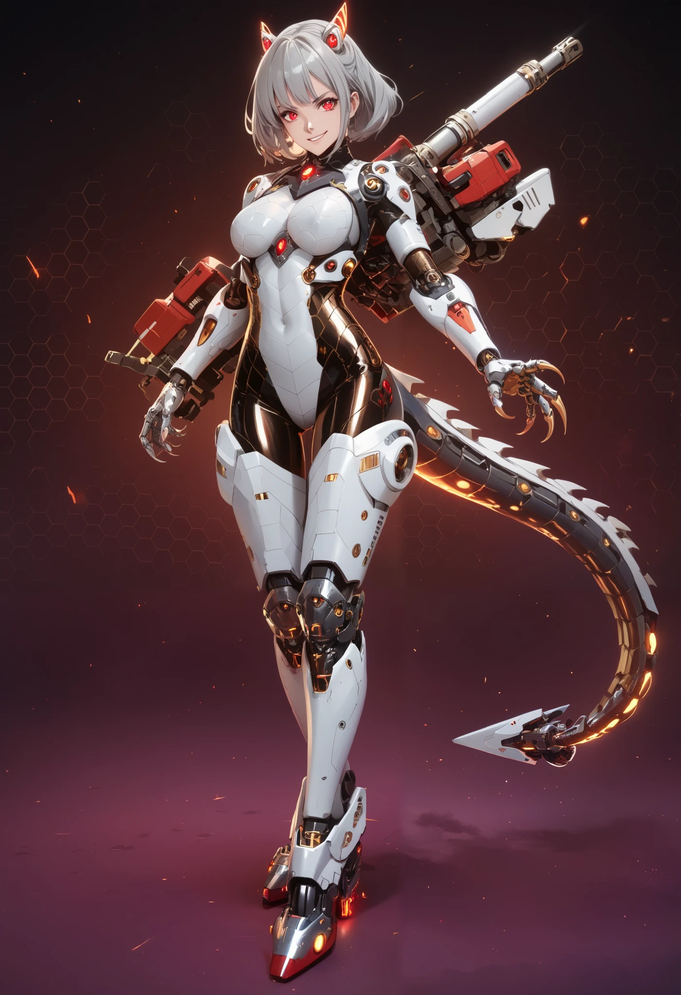 Mechanical Weapon Girl. (Upper body image.)Full body bodysuit. Latex. Cyber style. Honeycomb pattern bodysuit. Light armor. Look of contempt. Evil smile. Grey hair. Breasts perky. Glowing red eyes. Glowing core. A mechanical monster in the background. Large mechanized hands. Sharp claws. Mechanical dragon tail. Weapons on the back. Battleship elements.