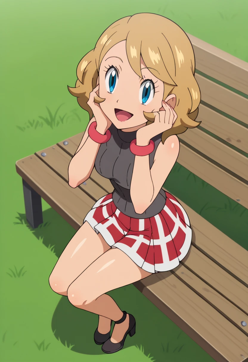 SERENAJ, 1girl, grey headwear, solo, jewelry, thighhighs, sleeveless turtleneck, turtleneck, skirt, sweater vest, blonde hair, earrings, hat, blue eyes, sleeveless, eyelashes, vest, bangs, breasts, medium hair, bracelet, black thighhighs, brown thighhighs, pleated skirt, red skirt, brown vest, upper body, looking at viewer, white thong, cameltoe, city street, tight pussy, pussylips, cameltoe, thong, symmetrical eyes, smile, sweating, armpit, upskirt, long skirt, sweaty, excited expression