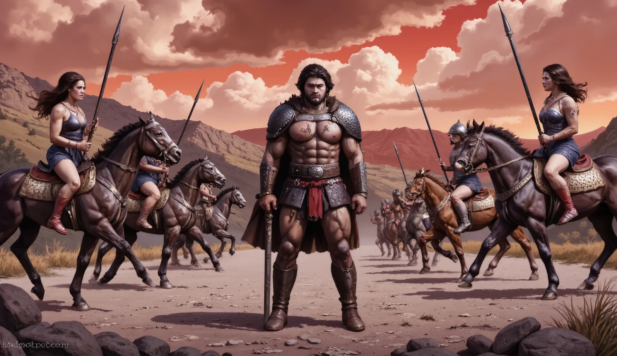 Hercules standing on the ground, surrounded by Amazon warriors on horseback wielding spears.