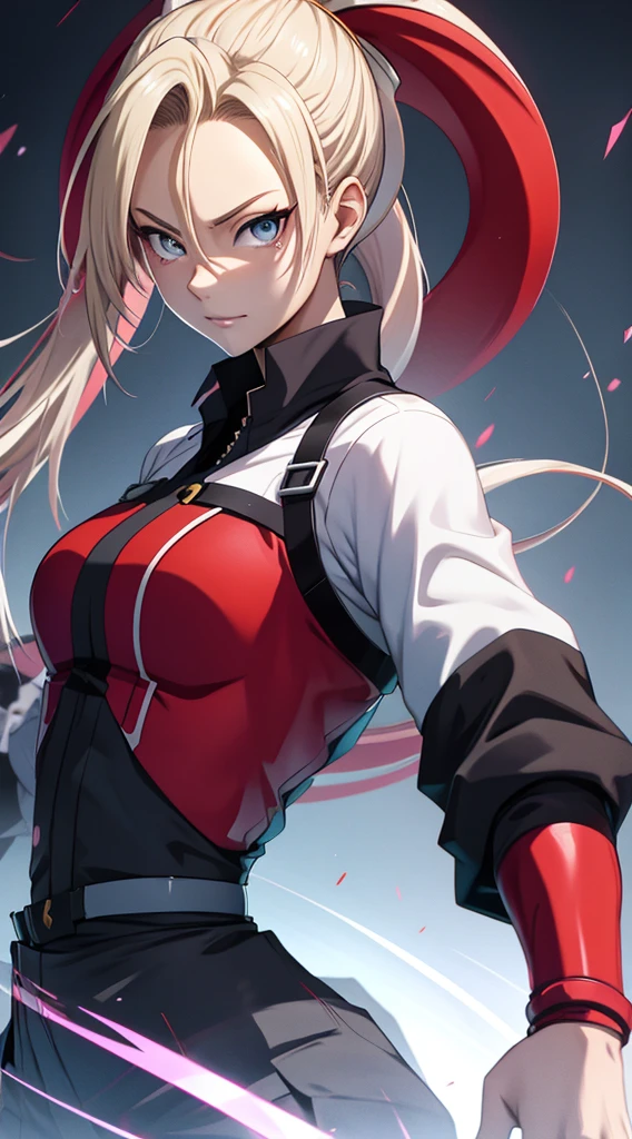 1 Female、Small breasts、Blonde ponytail、Round red eyes、Professional Uniform、18-year-old、A detailed red rider's jacket、Wear a big jacket、Blue collar shirt、Skinny denim pants、Fine and beautiful skin、cute、Droopy eyes、smile、Ahoge、Upper body close-up、Cinematic Light、Golden hour sky
