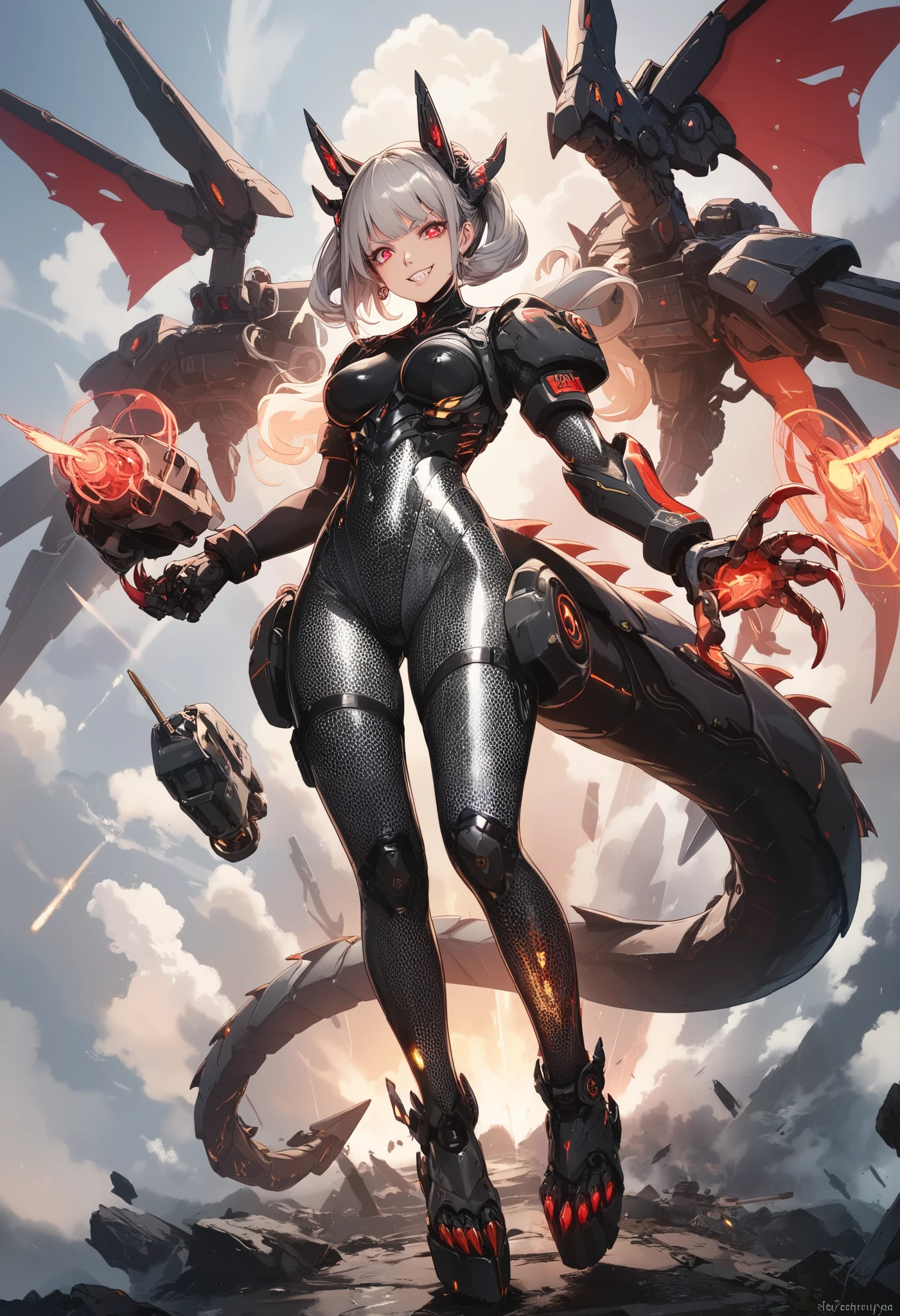 Mechanical Weapon Girl. （Close-up）Full body bodysuit. Latex. Cyber style. Honeycomb pattern bodysuit.  Light armor. Look of contempt. Evil smile. Grey hair. Breasts perky. Glowing red eyes. Glowing core. A mechanical monster in the background. Large mechanized hands. Sharp claws. Mechanical dragon tail. Weapons on the back. Battleship elements.