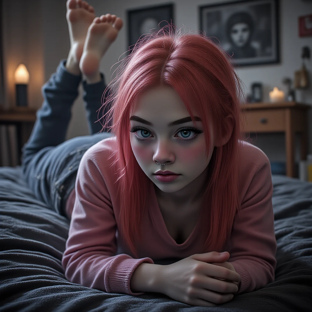 masterpiece, newest,
Highly detailed, 1girl, slender, shy smile, sweating, sitting, arms at sides,long legs, long blue and pink hair, no shoes,socks, beautiful black eyes, sagging clothes, realistic, windows,wet skin:0.1, red mask