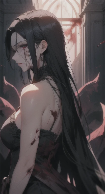 Foggy Forest ruins, ancient female creature, intimidating silhouette, fairy Queen, red eyes, eyes in the fog, covered in blood, looking at viewer angry, torn wings,