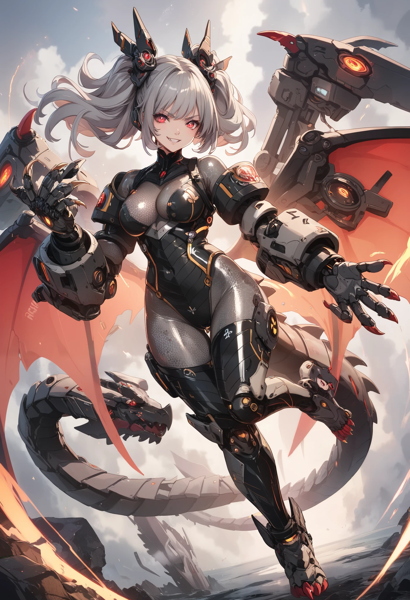 Mechanical Weapon Girl. (Close-up)Full body bodysuit. Latex. Cyber style. Honeycomb pattern bodysuit. Light armor. Look of contempt. Evil smile. Grey hair. Breasts perky. Glowing red eyes. Glowing core. A mechanical monster in the background. Large mechanized hands. Sharp claws. Mechanical dragon tail. Weapons on the back. Battleship elements.