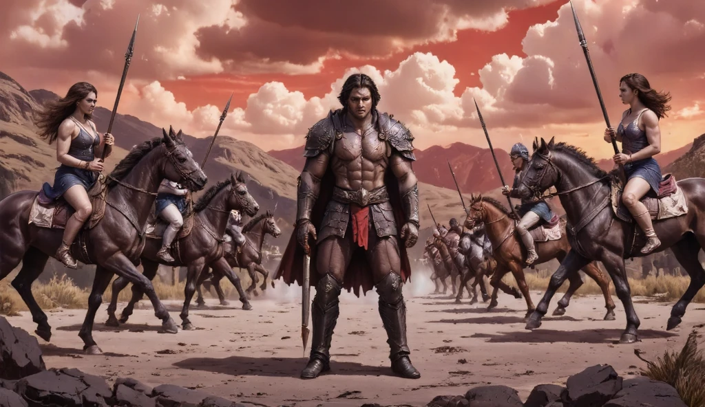 Arte por John Buscema similar. selvagem,homem guerreiro, sem barba,cabelos negros compridos,olhos escuros sombrios,manly,usando armadura masculina celta, wearing sandals,standing with a sharp axe in his left hand ,Standing in front of a group of warrior Amazons(apenas mulheres)o cercando