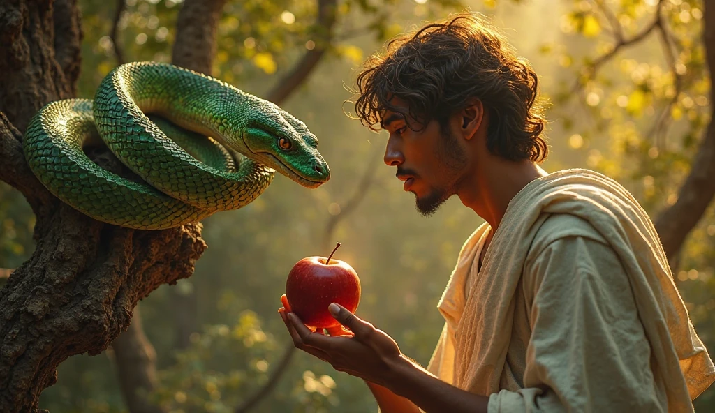 A man without a beard, semi-naked covered with leaves, Biting into an apple, surrounded by many trees and a large serpent coiling around him, tempting him, looking him in the eye in the garden of Eden, in the darkness