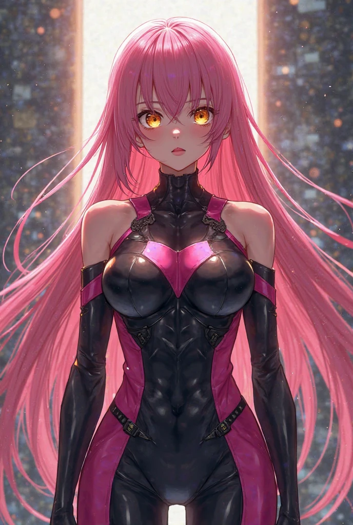 highest quality、Realistic、girl、zoom、Emerald green eyes、Pink long curly hair、Black Hero Suit、Glossy bodysuit、Brown black skin、slender、Dark Skin、Large Breasts、Bust Shot、From below