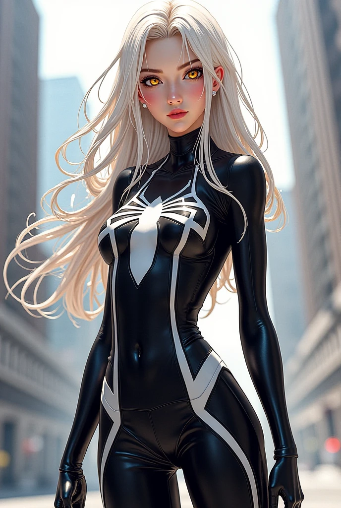 shot below eye level, handsome girl, Slender figure, I&#39;m standing on the roof of a high-rise building, endearing smile, Crew Cut, Spider-Man, The perfect female face, A detailed eye, long eyelashes