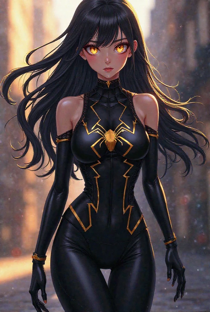 A female gothic Spiderman OC with black-blonde skunk hair and dark green eyes, anime style