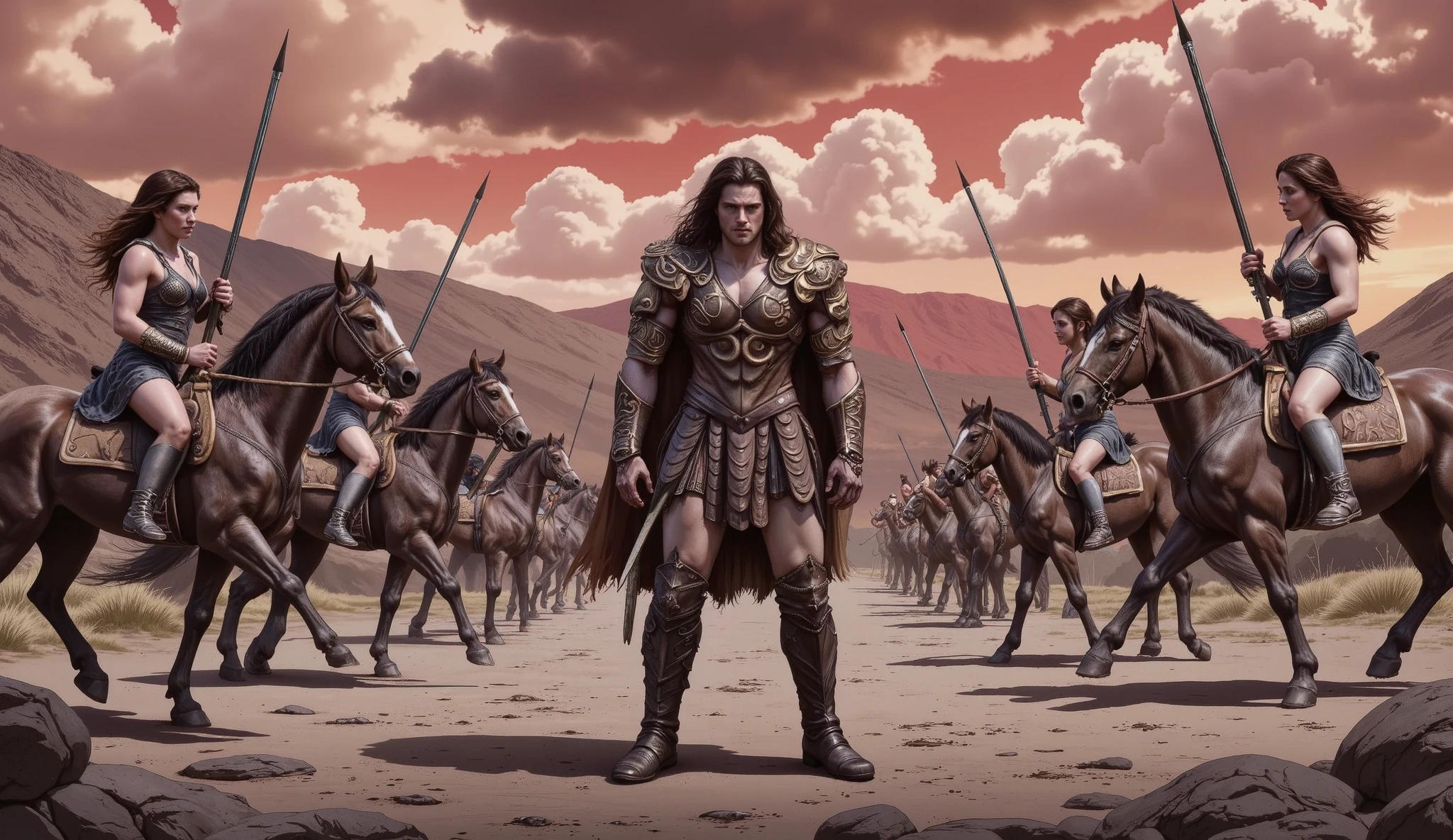 Hercules standing on the ground, surrounded by Amazon warriors on horseback wielding spears.