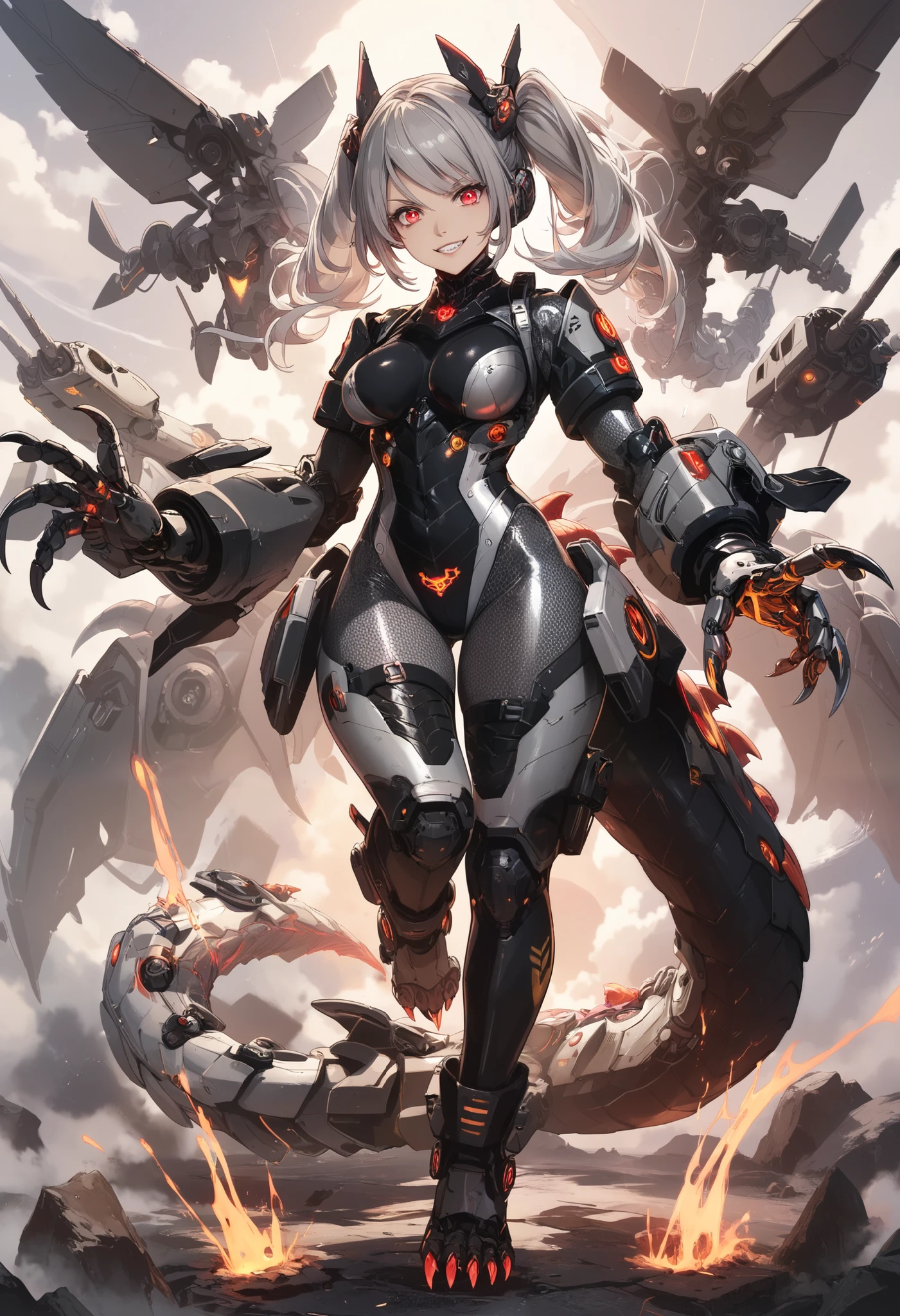 Mechanical Weapon Girl. （Close-up）Full body bodysuit. Latex. Cyber style. Honeycomb pattern bodysuit.  Light armor. Look of contempt. Evil smile. Grey hair. Breasts perky. Glowing red eyes. Glowing core. A mechanical monster in the background. Large mechanized hands. Sharp claws. Mechanical dragon tail. Weapons on the back. Battleship elements.