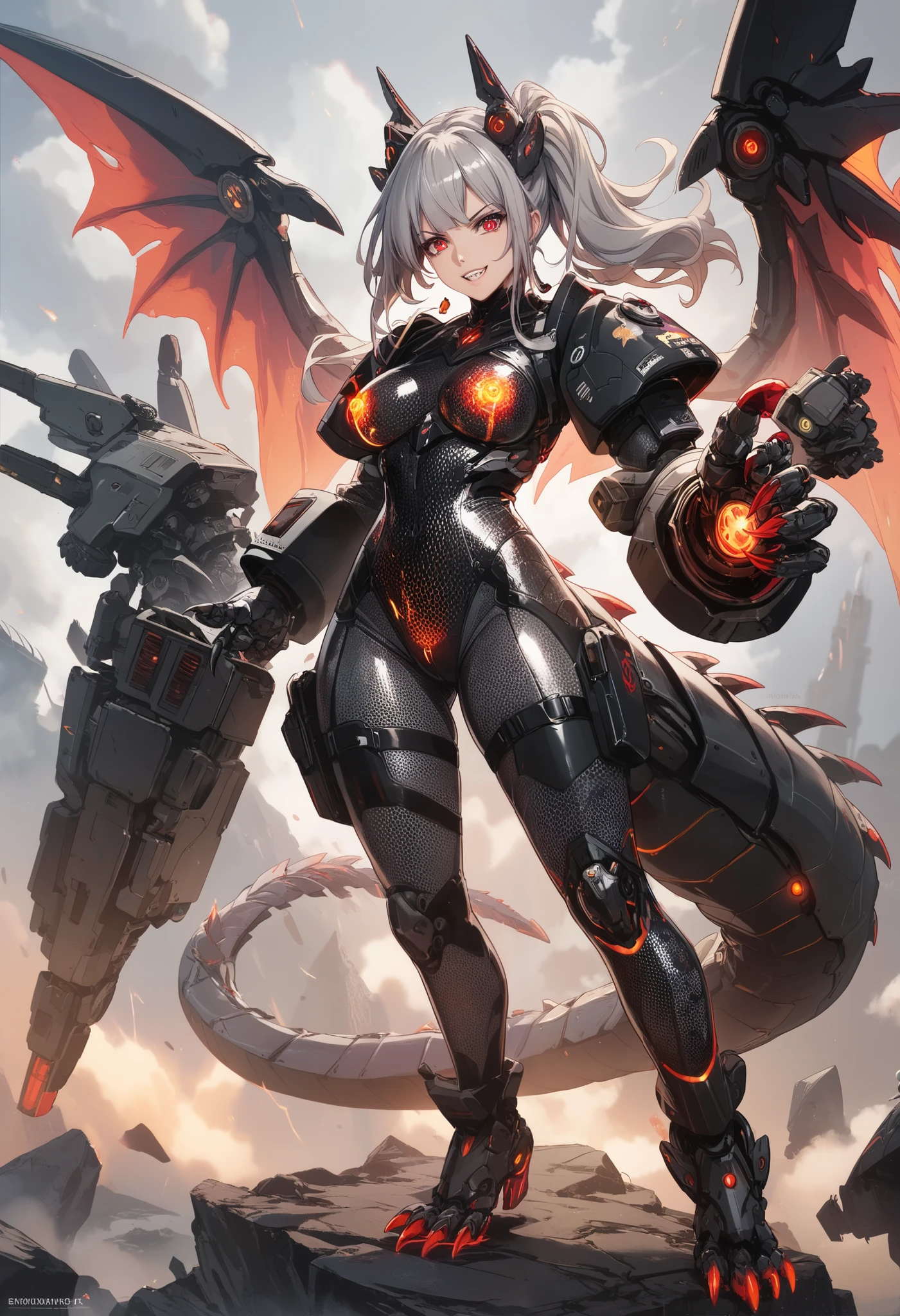 Mechanical Weapon Girl. （Close-up）Full body bodysuit. Latex. Cyber style. Honeycomb pattern bodysuit.  Light armor. Look of contempt. Evil smile. Grey hair. Breasts perky. Glowing red eyes. Glowing core. A mechanical monster in the background. Large mechanized hands. Sharp claws. Mechanical dragon tail. Weapons on the back. Battleship elements.