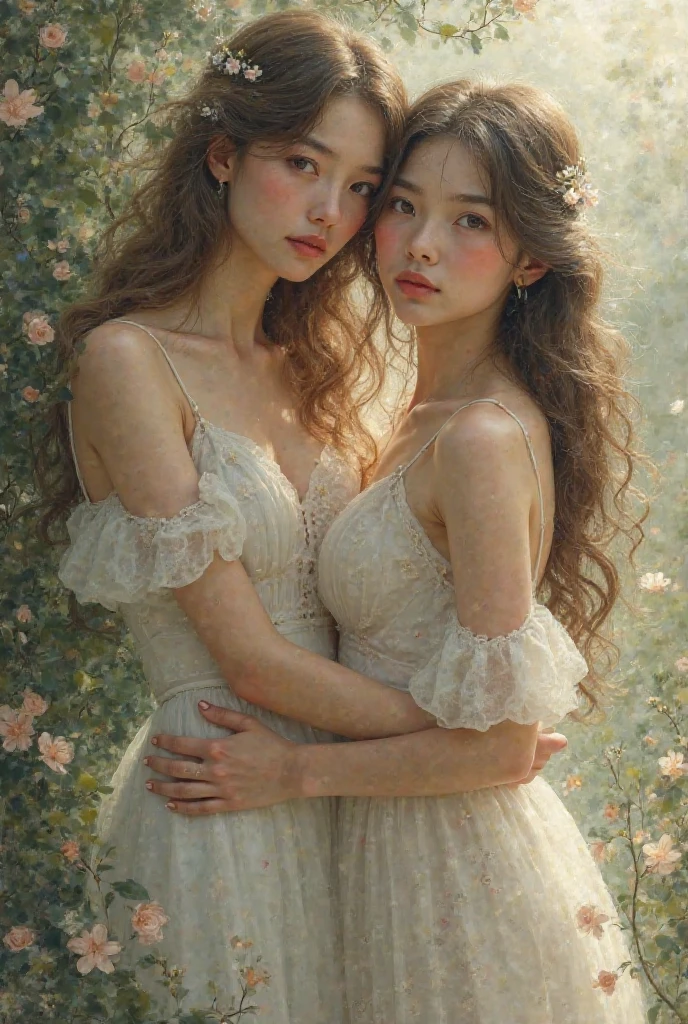 (((group_squeez, multiple girls, group portrait, 3 girls, women together))), ((18 yo, close-up, portrait, detailed face)) , fit , (young) , beautiful , (((pale skin, wavy blonde hair))), (((tight t-shirt, busty, dreamy, loving stare, bright magical fairytale fantasy atmosphere, sexy))), flowers in hair, surrounded by flowers, happy, playful, ((large soft heavy breasts)), in love, ((((magical mist energy, hair flower)))), ((blush, pretty, elegant, oil painting, classic painting, cute, youthful, teen, teenager)), ((((tight t-shirt))))