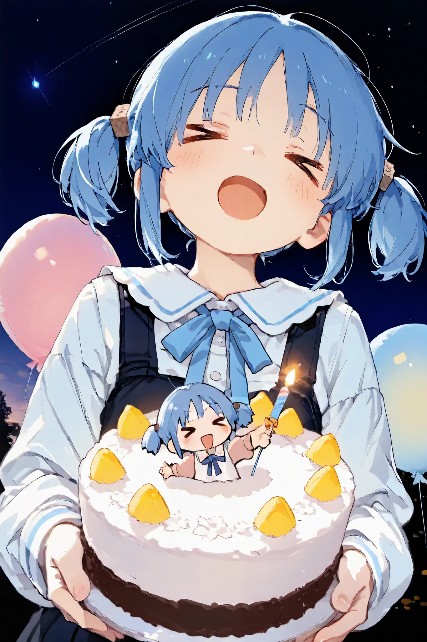 1girl\(naganohara mio, >o<,shout,shout,open mouth wide,Holding a birthday cake in both hands\),with balloons flying in the light-hearted sky in the background, a celebratory and peaceful atmosphere,masterpiece, best quality, 8k, highres, ultra-detailed,HDR, UHD