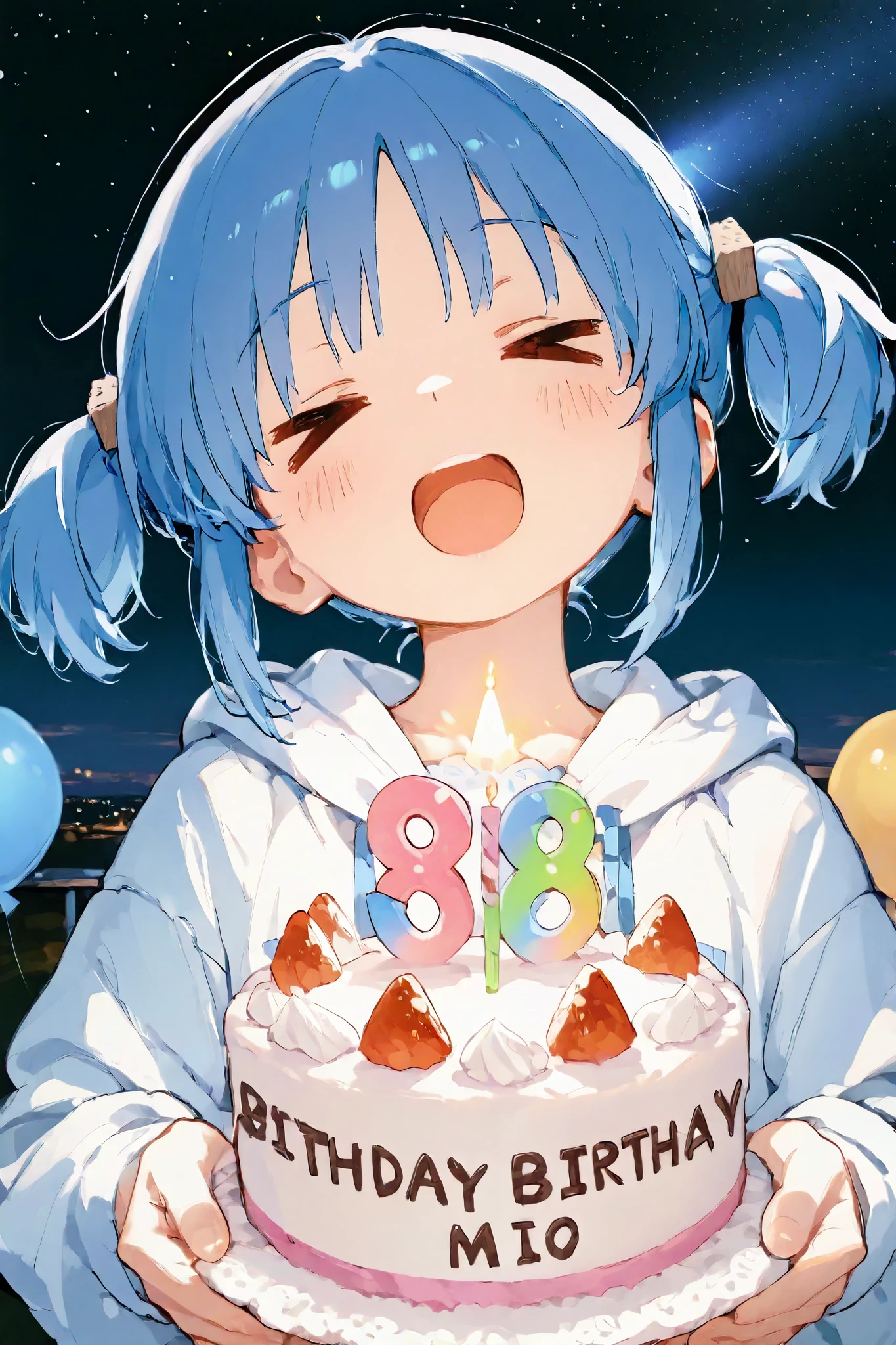 1girl\(naganohara mio, >o<,shout,shout,open mouth wide,Holding a birthday cake in both hands\),with balloons flying in the light-hearted sky in the background, a celebratory and peaceful atmosphere,masterpiece, best quality, 8k, highres, ultra-detailed,HDR, UHD