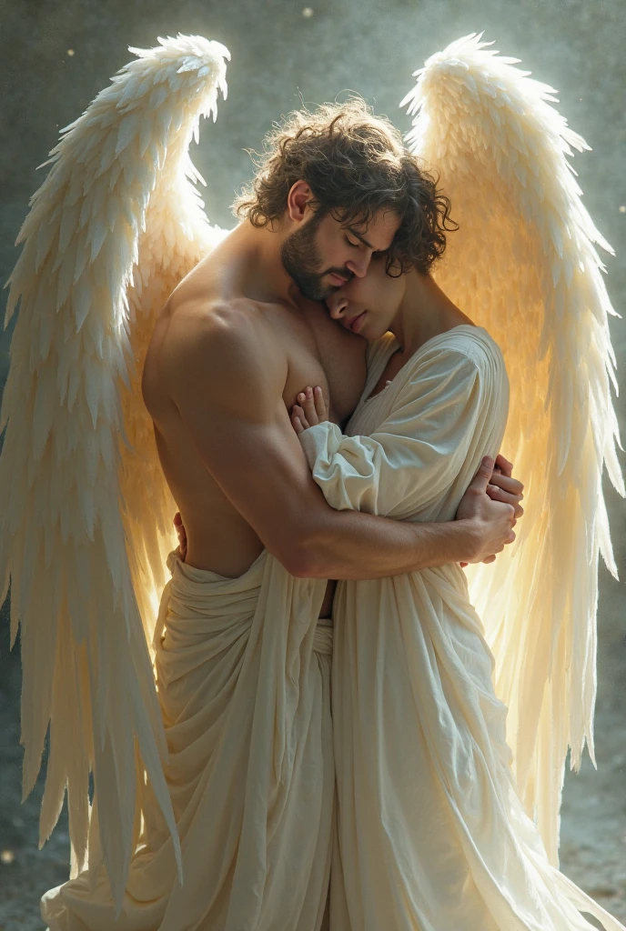 There are two men who are kissing in front of a moon, cinematic movie still, Shutterstock, filmic grain, ultra-fotorrealista, eros and thanatos, homens musculosos romanticamente juntos, Two muscular men hugging each other's arms, incubus masculino musculoso com chifres vermelho-escuros, Male angel resembling a celestial god with breathtaking angel wings, belo contraste, detalhes intrincados, o bem e o mal, Demon versus angel, o bem e o mal, capa de romance, homoerotic, amor gay, Dark Romantic Fantasy, Twilight atmospheric glow