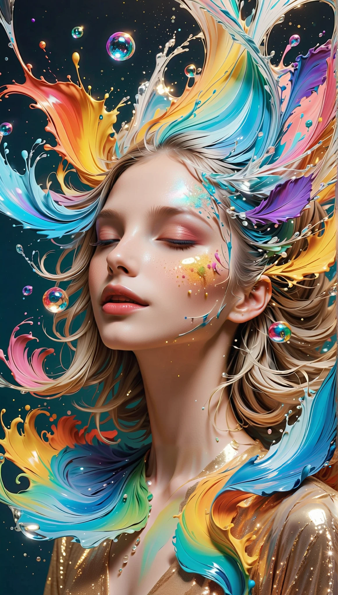 Express the flow of ink dancing in the wind, Water Effects ,colored water,goddess:govern the arts : manipulating water ::sleeping:perfect face: beautiful::Healthy, ink splash,glitter, brightly colored, reflection of light ,rich colors,abstract,3d,8k,high resolution,masterpiece,High quality, detailed details , colors of the rainbow ,Laugh mischievously,Difficult,project,fun, bright colors, water splash ,I invite you to the art world ,bright, Dark background