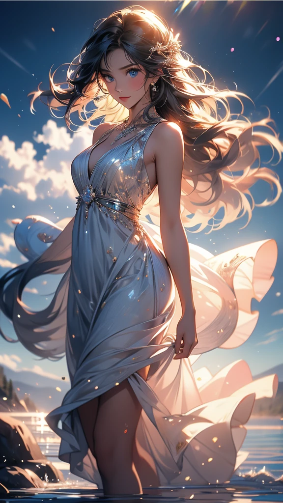 Best quality, 30 year old woman, massive breasts, brown long hair, blue eyes, skimpy thin white dress, sunset, upper body, sexy, angelic, thin fabric, see through, god rays, fluffy clouds, colourful flower field, full body shot, exposed naked legs