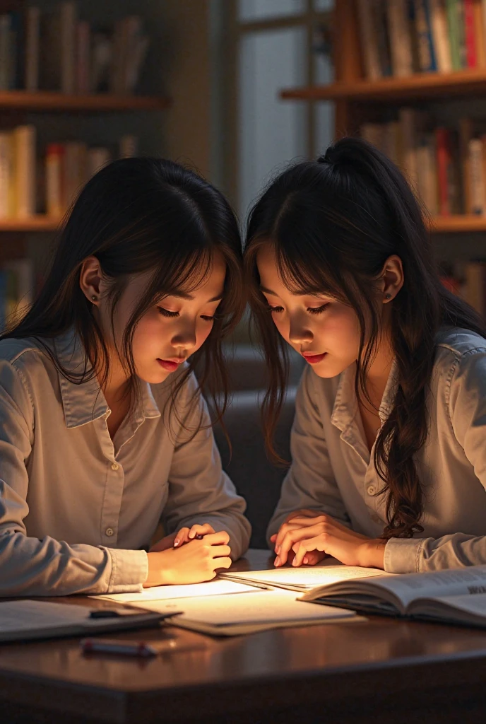 First-class quality,8K resolution,masterpiece,Fresh,Animated CG,Chinese little girl bows her head to read a book,Sitting at the table,Fashion suspender top,Fair skin,Bright colors,Summer Night,The background is a window,Night view outside the window