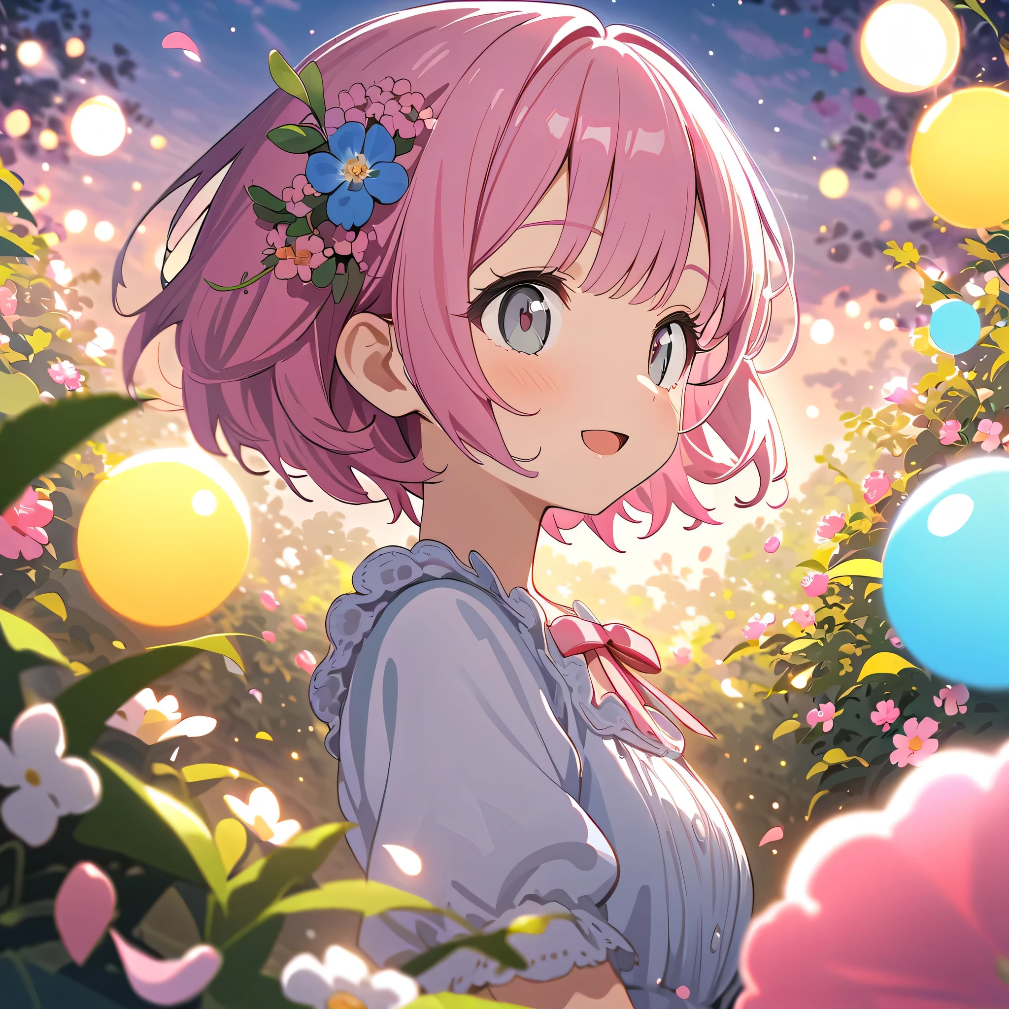 profile view, absurdres, highres, ultra detailed, 1girl ,
break,
souce anime, 4K, 8k, bokeh photography, soft focus, out-of-focus highlights,
dreamy ambiance, glowing circles, mesmerizing depth,
break,
Flower Fields: Frame the Scene with Blooming Petals,
Blossoming Branches, and Vibrant Foliage,
break
16's years old, short hair, tight bangs、round face, pink hair, ((grey eyes)), cute eyes,smile, natural make up、Fluffy dress、hair ornament、open mouth