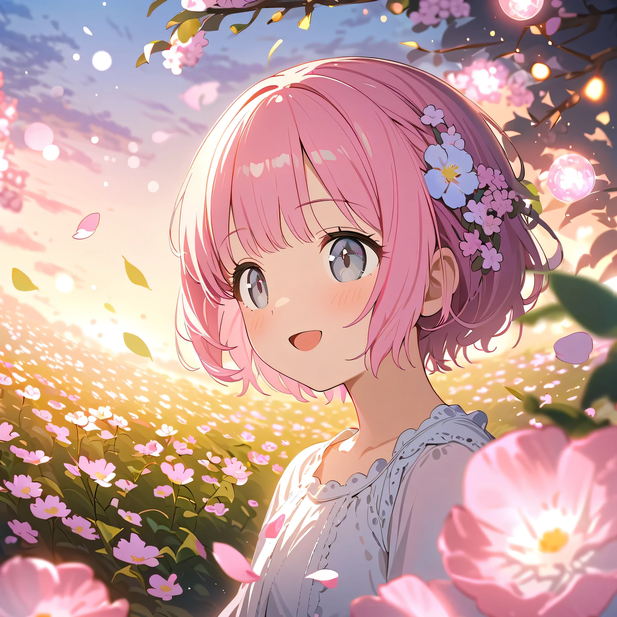 profile view, absurdres, highres, ultra detailed, 1girl ,
break,
souce anime, 4K, 8k, bokeh photography, soft focus, out-of-focus highlights,
dreamy ambiance, glowing circles, mesmerizing depth,
break,
Flower Fields: Frame the Scene with Blooming Petals,
Blossoming Branches, and Vibrant Foliage,
break
16's years old, short hair, tight bangs、round face, pink hair, ((grey eyes)), cute eyes,smile, natural make up、Fluffy dress、hair ornament、open mouth