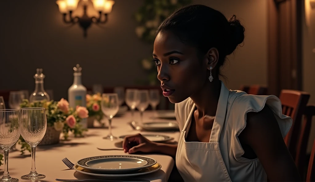 (photograph, hyperrealism, masterpiece, 8k:1.3), 1girl, Eritrean, elegant, nsfw, doll costume, pageboy hair, surprise, Candlelit Dinner, The glow of candles during a romantic dinner, creating an intimate and passionate atmosphere, trending on Pinterest, concept art, shot by august sander, straight-on, full body