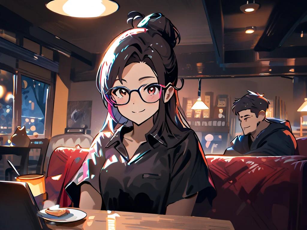 side angle, plastic frame eyewear、Upper Body, Realistic, real person, (pale skin: 1.2), RAW photo, photorealistic, shiny skin, shiny hair、(25 year old woman with bangs) and (ponytail) and (black hair) and (purple eyes) , (White T-shirt） 、smile, (blush:1.3), The background is the interior of a restaurant at night.、Alone、Sitting