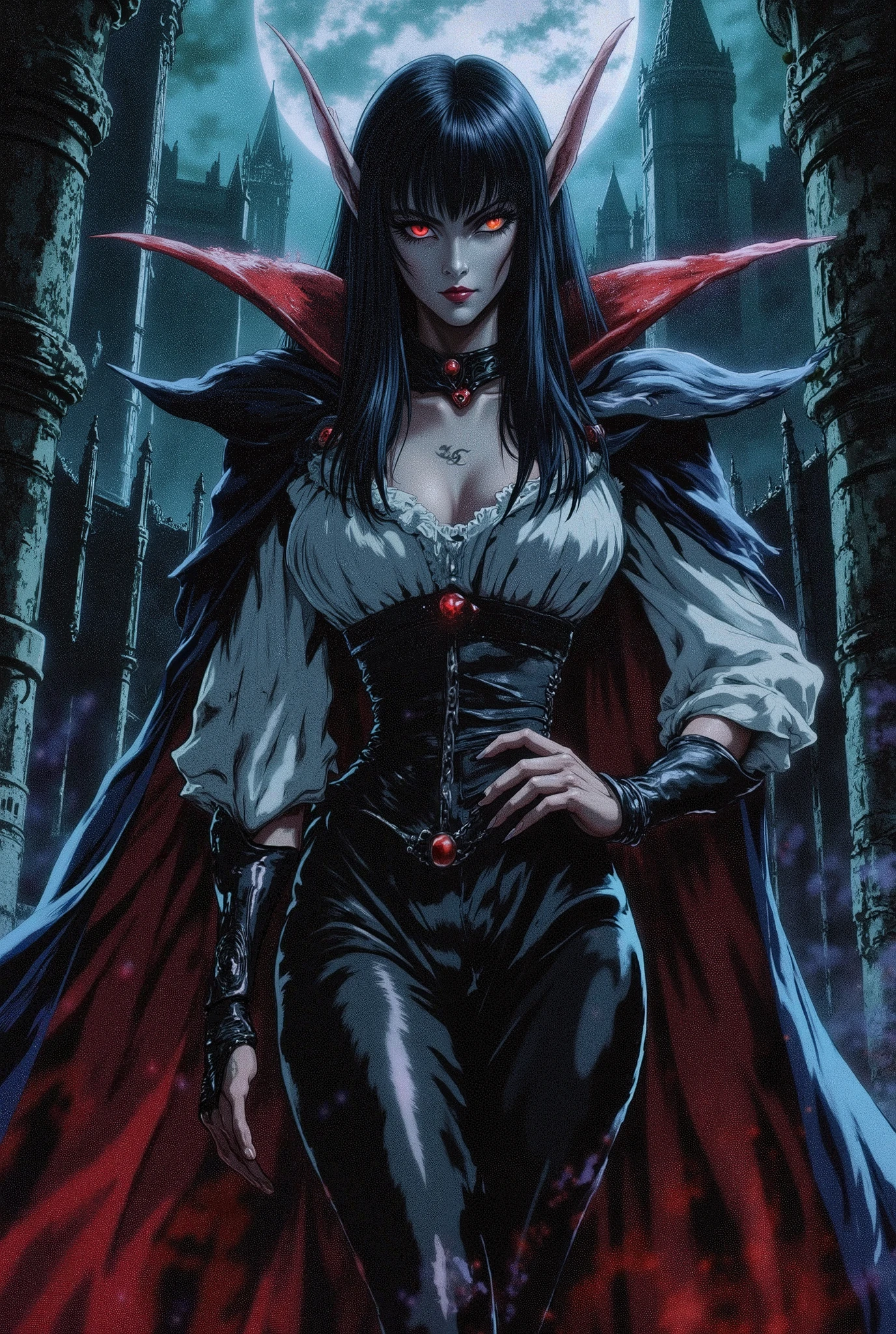 woman, fair skin, gothic makeup, vampire, red eyes, voluminous black hair, pointy ears, look of superiority, dark castle, countess, low-cut white blouse with details and ruffles, black leather corset, black leather cape, black leather boots, black leather pants.