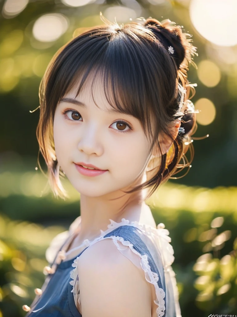 in 8K、top-quality、​masterpiece、realisitic、The ultra-detailliert、a picture、nffsw、hight resolution、absurderes、younggirl,bobhair、Girl's face with cute face、Girl with beautiful hair、 ((Sister Girl))、(toddlers、a five years girl)、Baby Faced Girl、Lori、wearing white dress,Barefoot Girl、Cute Japan Girl,Headshot of a girl、headshot photo、Focus on the face、Girl with beautiful hands、Girl with beautiful feet、in woods、profetional lighting、with light glowing