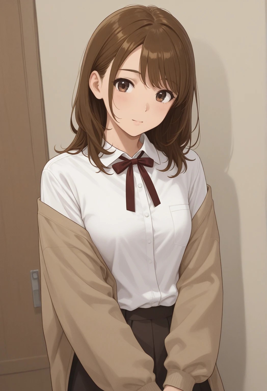 best quality, (masterpiece: 1.2), highly detailed, indoors,
1girl, solo, ogiwara sayu,
looking at the viewer, medium breasts, smile, mouth closed, hand on his own chest, blush, sitting on his knees on the bed,
brown eyes, brown hair, long hair, white shirt, plaid skirt, collarbone, neckline, bow tie