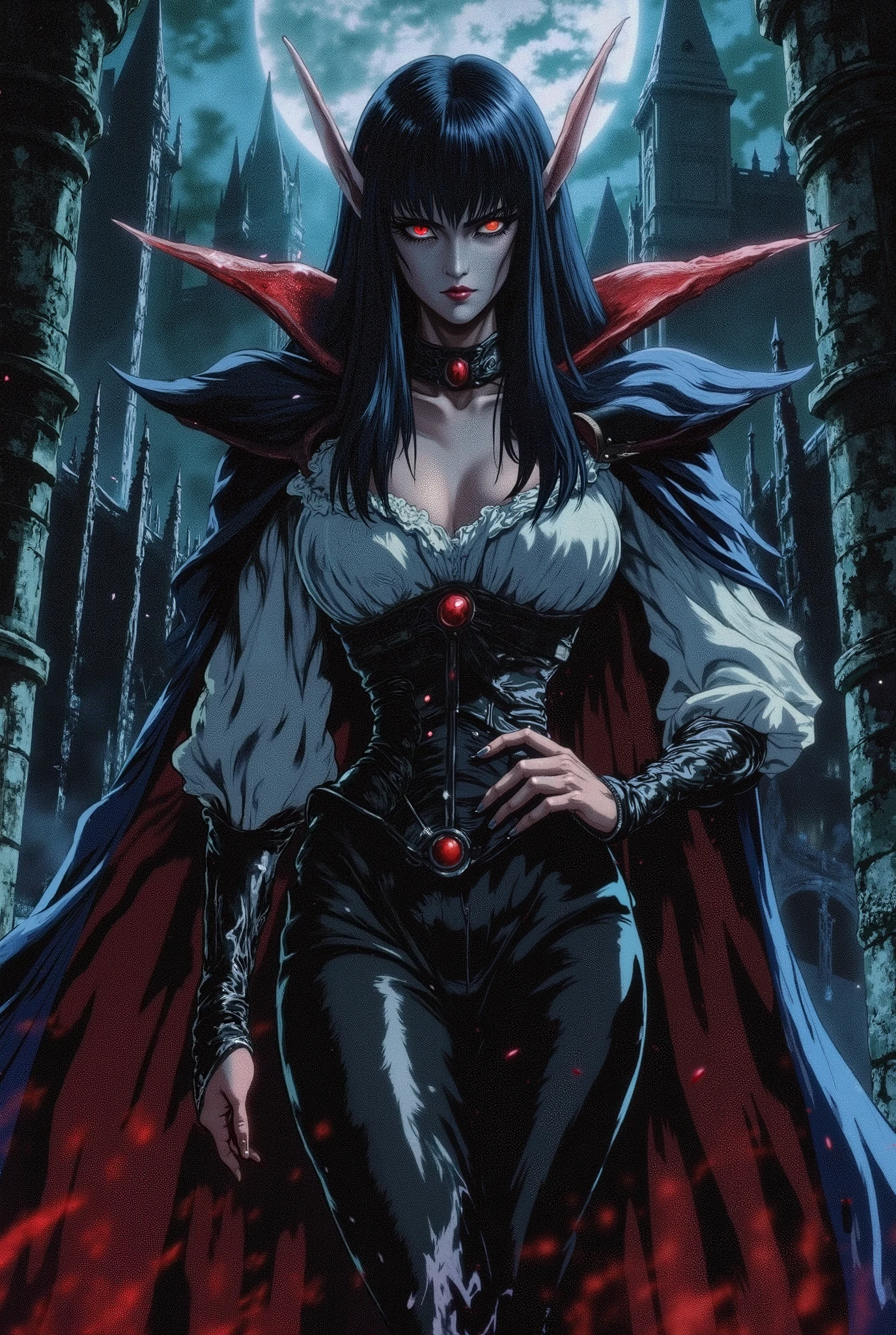 woman, fair skin, gothic makeup, vampire, red eyes, voluminous black hair, pointy ears, look of superiority, dark castle, countess, low-cut white blouse with details and ruffles, black leather corset, black leather cape, black leather boots, black leather pants.