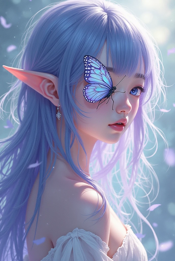 plastican00d, 1girll, tchibi, Blue hair,Ice cream in hand,There is a large butterfly headband on the head,Luxury fabrics, dither, Ice cream texture,Profound, looking at viewert, Striped background,,detailed eyes, detailed hands, detailed eyes, elf woman, flowers