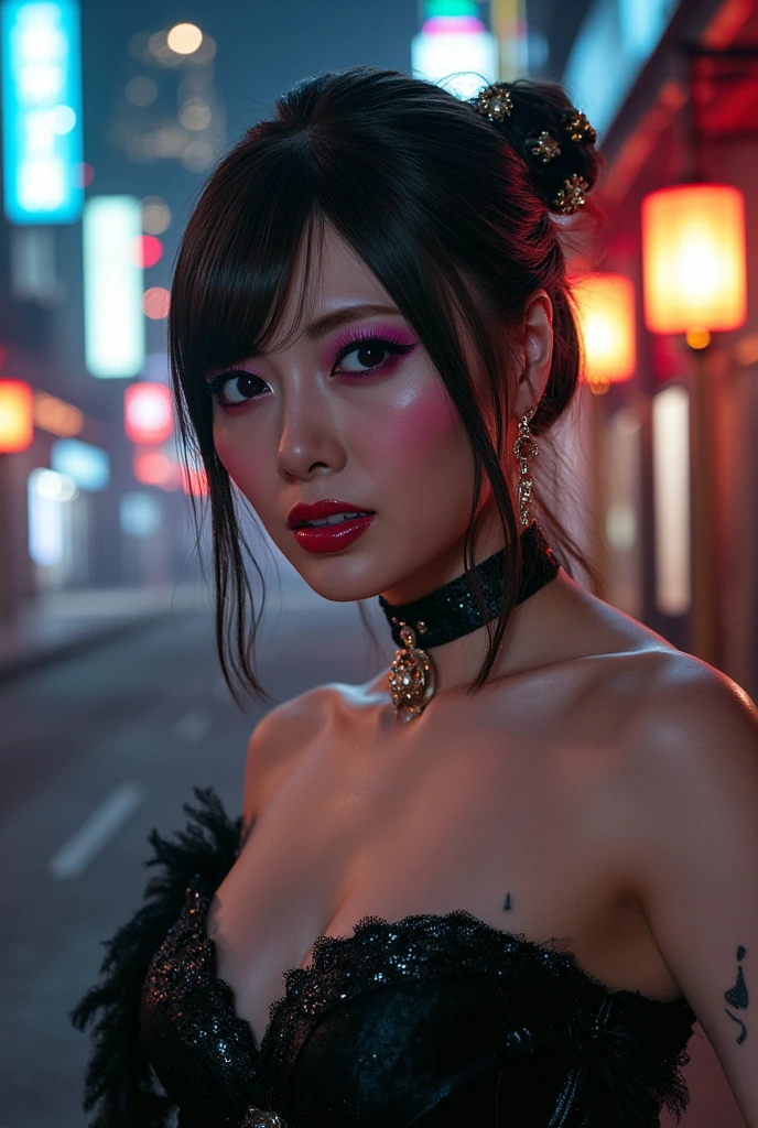 A woman in a cheongsam，kneels on the ground，black lence stockings，Bigchest，European and American model，cyber punk perssonage，seductive