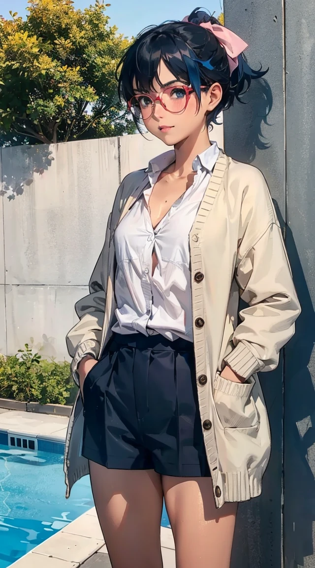 anime style candid picture a woman with blue hair in an extremely short pixie cut with buzzed nape and long sidebangs, blue eyes, wearing a black  one-piece swimsuit with a low back and high legs, blushing deeply, looking over her shoulder in alarm. she is sitting by a public pool getting her hair cut by a woman with long blonde hair wearing light blue tight shorts and a pink tank top who is smirking and holding up a cut-off blue ponytail　　(tomboy, very short hair, pixie cut, brown hair, circle-glasses), cute, Adorable, Beauty, perfect female body, (((((Lightly tanned skin))))), ((pink cardigan, open cardigan)), (((white shirt))), red neck ribbon, navy pleated skirt, school, school hallway, standing, ((((put both hands in pockets)))), anatomically correct:1.6, UHD, masterpiece, textured skin, high details, high quality, anatomically correct, super detail
