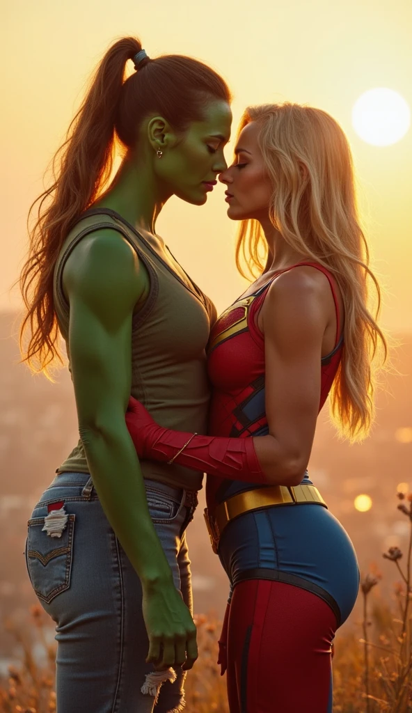 A tall, muscular green-skinned woman with casual clothes torn at the seams due to her powerful physique gently kisses the cheek of a blonde, athletic woman dressed in a red and blue superhero-inspired outfit. The scene is warm and heartfelt, set against a golden sunset, with both characters sharing a moment of camaraderie and affection