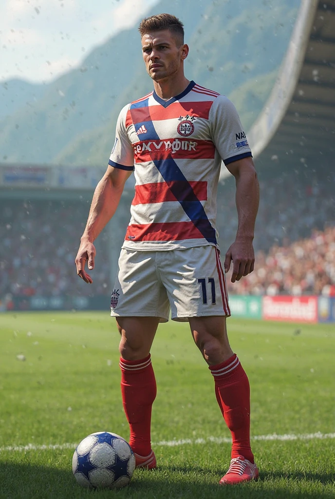 full body view, one young white european cute Soccer college boy with undercut clean shaved haircut , in muddy burgundy soccer jersey, muddy white soccer shorts, in his muddy long high white soccer socks, no shoes, stuck in mud, scared, looking at his muddy white socked feet