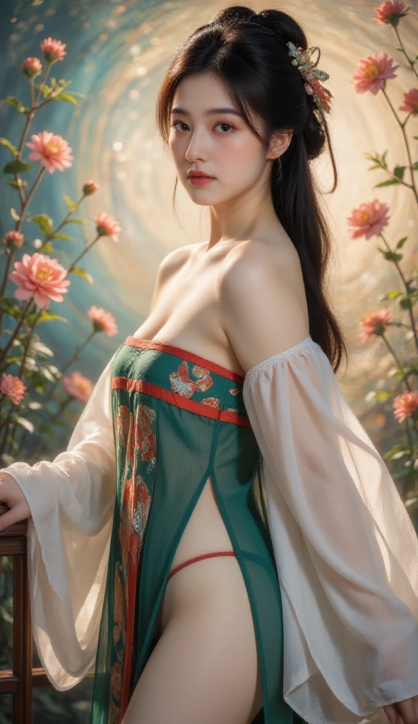 A naked picture of the empress of the Qing dynasty in China, standing in front of the camera, showing her large breasts, hairy abdomen, and pubic hair.、
Her hair is tied up and pulled up with a gorgeous flower ornament on both sides.、Chinese style Qing Dynasty empress crown background on stone pavement outside the Chinese palace of the Qing Dynasty