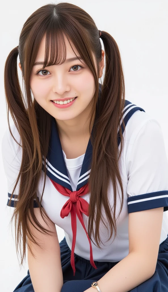 ((10 year old girl))  looking at viewer smile　whole body　Sailor suit　slender　Very long black hair　Strong winds, summer sun　Active pose　detail face detail hair detail skin 透きとおる肌　Spread your legs