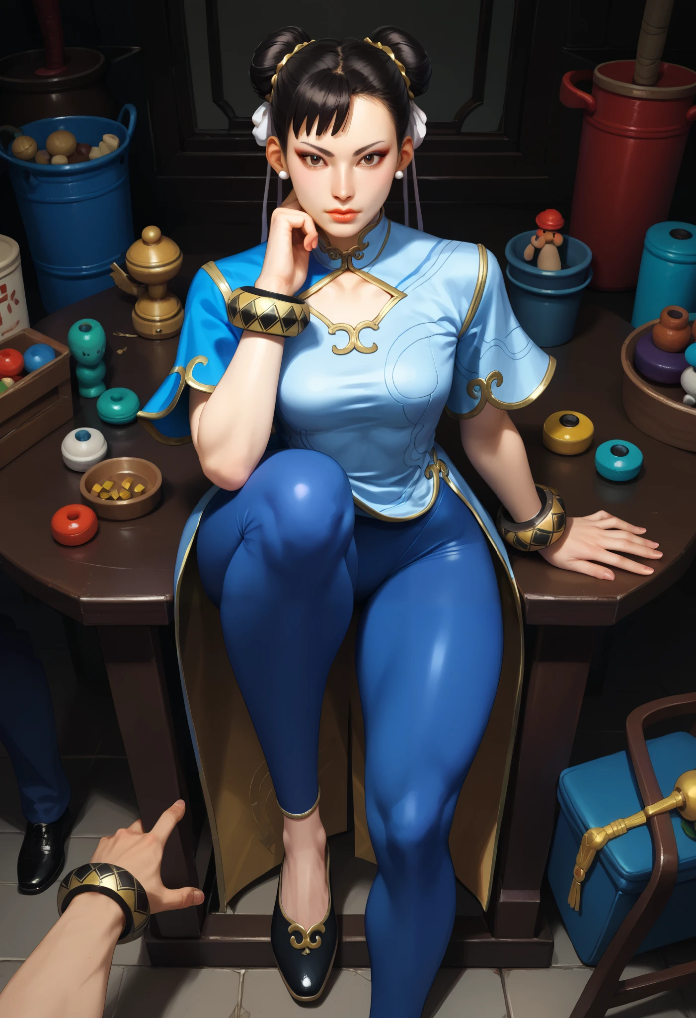 looking at the viewer, black hair, dress, brown eyes, jewelry, toys, pants, hair bun, black shoes, bracelet, double bun, make above, Chinese clothes, china dress, blue pants, Tight, leggings, Tight pants, Floors , Cowboy Shootout, Acimaper body extra thick lips pov